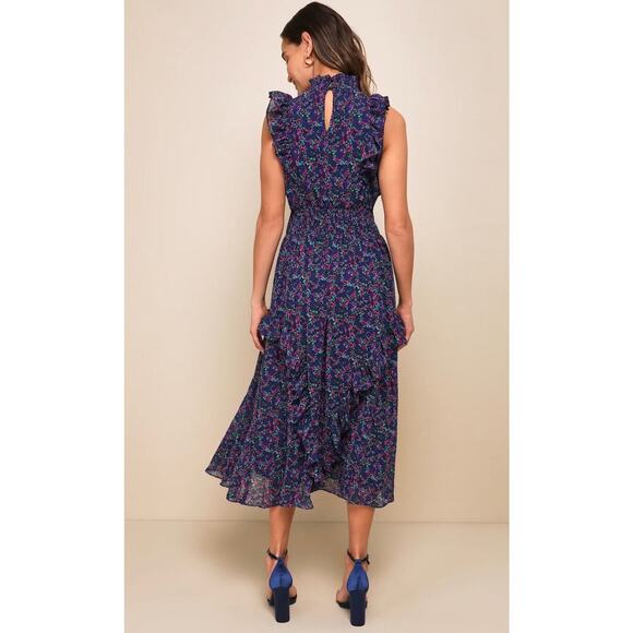 Lulus Evalina Navy Blue Floral Print Mock Neck Midi Dress, Size XS - Picture 2 of 13